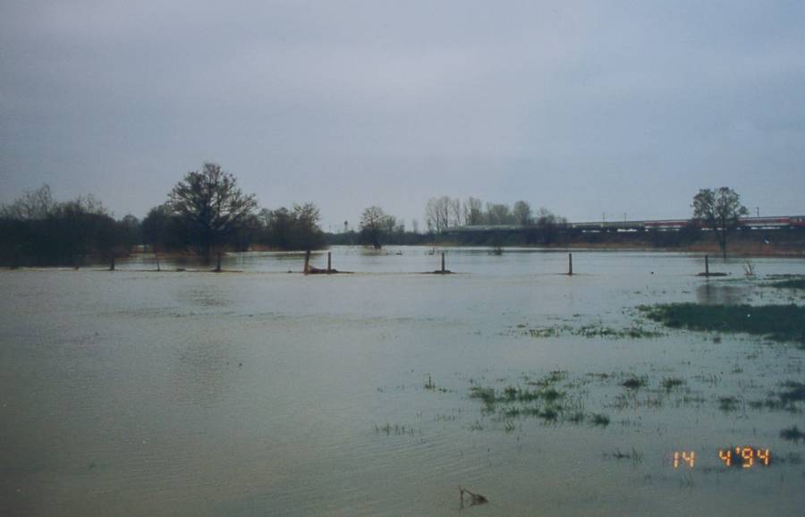 Bei Petershausen, im Hintergrund Asbach 1994<br>Die Ausdehnung der Aue - heute fehlt ihr die natürliche Vegetation.